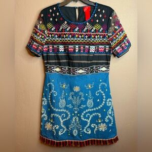 V Cristina Bohemian Dress Intricate Embroidered Fringe Denim Blue Colorful Sz 8